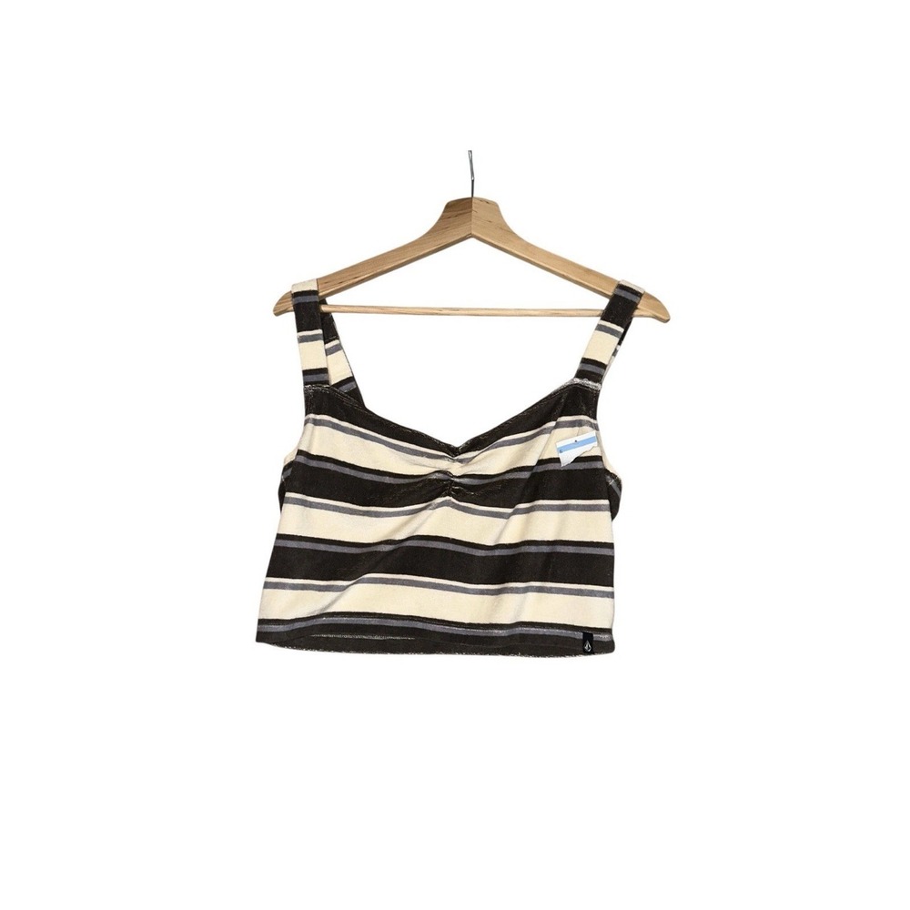 Volcom Towely Time Tank Top Womens Sz L Beige Striped Pleated Adjustable Strap